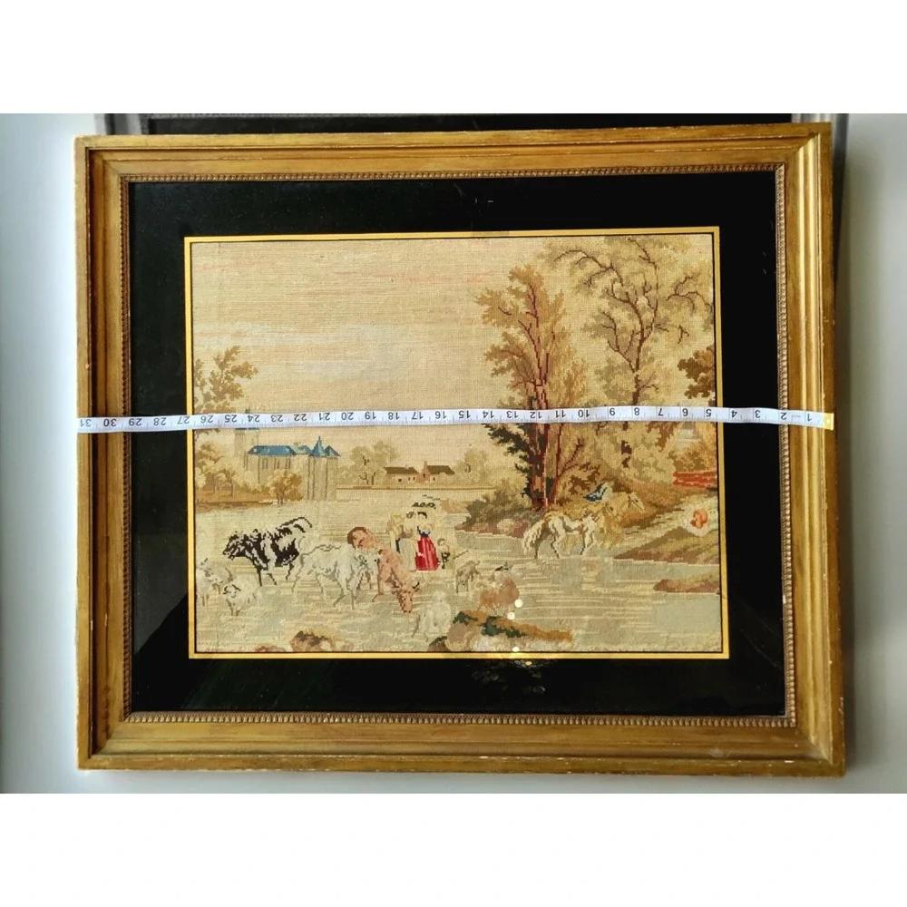 Big Antique Needlepoint Pastoral Scene Framed Picture Cows Horses Maidens Castle